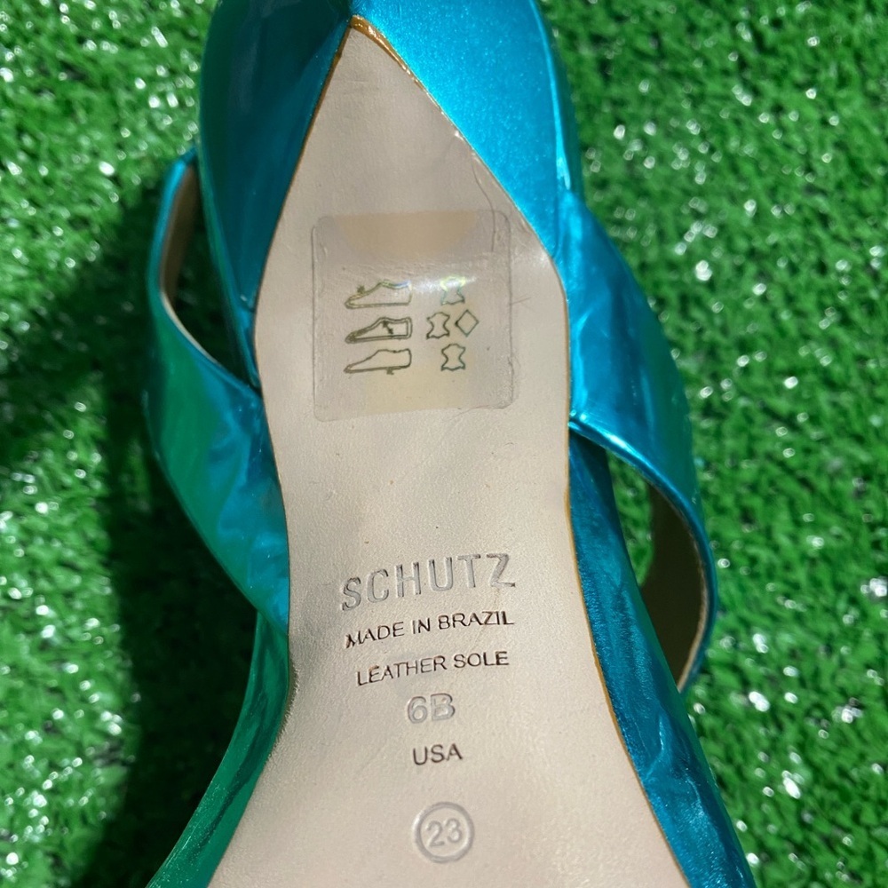 Schutz Kelly Sandal Blue Metallic Leather High Heel Strappy Shoes Size 6B X-17 - Picture 7 of 7
